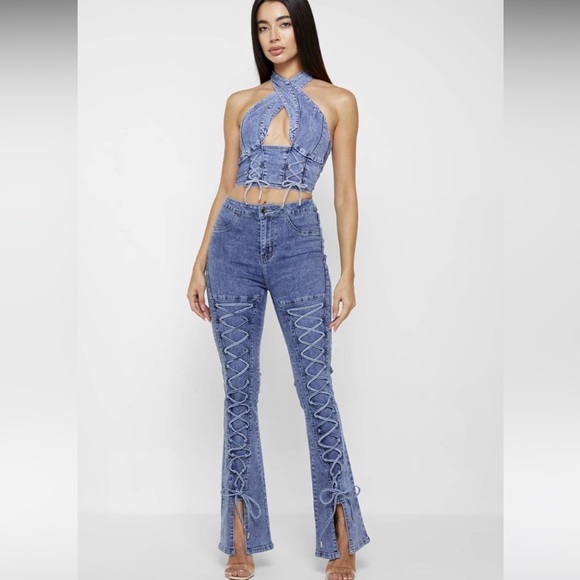 Maniere De Voir denim crossover halter top - Picture 3 of 3